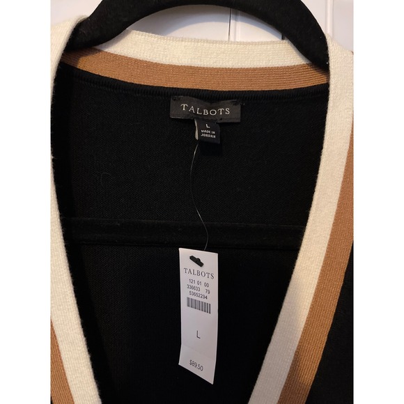 Talbots womne sweater/cardigan size L NWT black with tan cream stripe - Picture 2 of 9